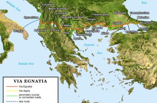 The Via Egnatia was a road constructed by the Romans in the 2nd century BC. It crossed Illyricum, Macedonia, and Thracia, running through territory that is now part of modern Albania, North Macedonia, Greece, and European Turkey as a continuation of the Via Appia.