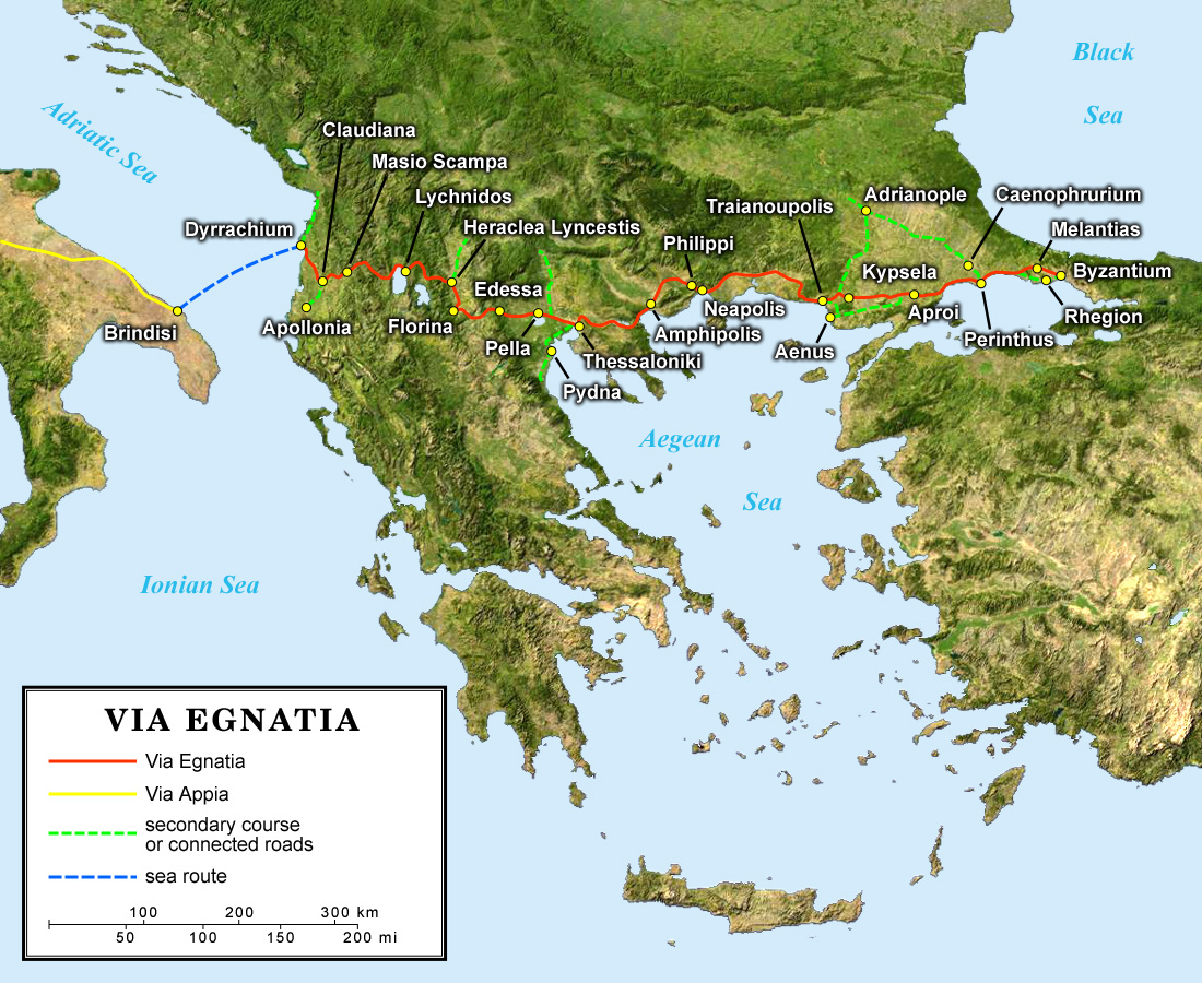 The Via Egnatia was a road constructed by the Romans in the 2nd century BC. It crossed Illyricum, Macedonia, and Thracia, running through territory that is now part of modern Albania, North Macedonia, Greece, and European Turkey as a continuation of the Via Appia.